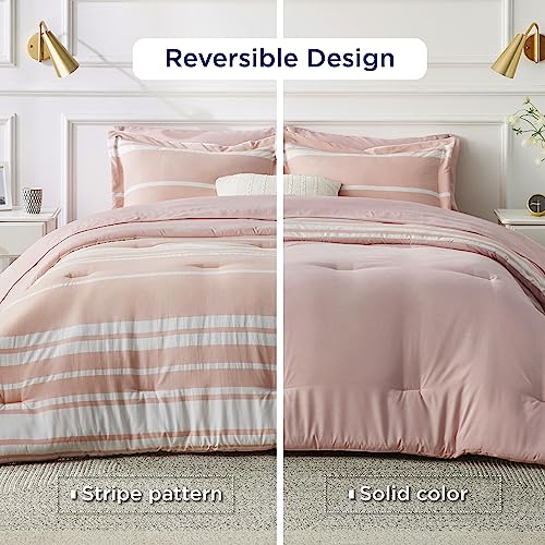 Image of Bedsure Full Comforter Set 7 Pieces, Light Pink Striped Bedding Set for All Seasons, Reversible, Cationic Dyeing Bed in a Bag with Comforter, Sheets, Pillowcases & Shams