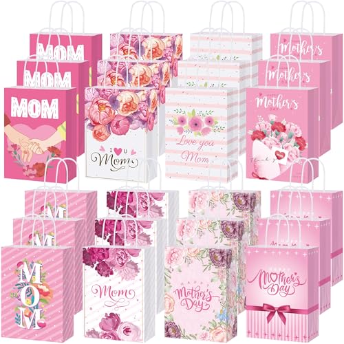 MIMIND 48 Pieces Happy Mother's Day Gift Bags Treat Bags with Handle Mothers Day Party Goodie Bags Pink Floral Paper Gift Wrap Bags for Mother's Day Party Decorations Gift Wrapping Supplies