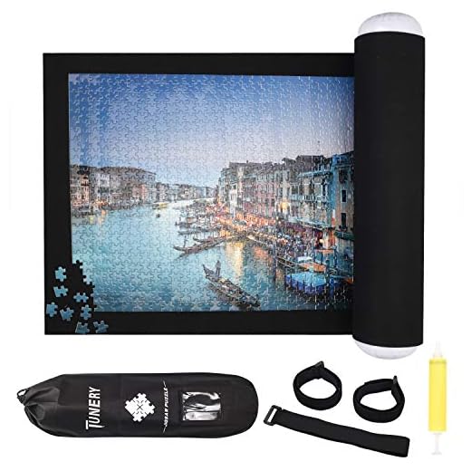 Puzzle Roll Up Mat, Tunery Puzzle Storage, Jigsaw Puzzle Mat Rollup to 1500Piece Inflatable Tube, 3 Elastic Fasteners, Mini Pump, 46" X 24" Felt Mat, with Drawstring Storage Bag