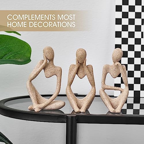 FJS Home Decor Sandstone Thinker Statue Abstract Art Sculpture, Set of 3 Resin Collectible Figurines for Home Living Room Office Shelf Decoration
