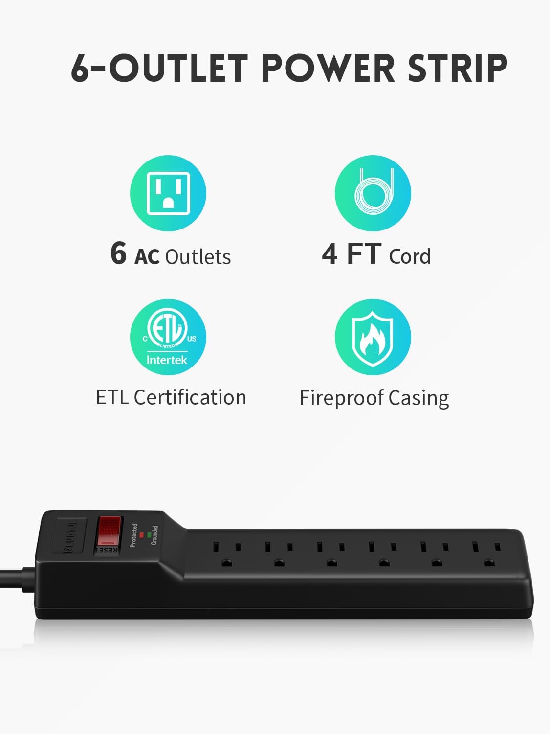 PLUGUTL 2 Pack Surge Protector (980 Joules), Flat Plug Power Strip, 4FT Extension Cord with Multiple Outlets, 6 Outlets, ETL Listed, 14 Gauge, Wall Mountable for Home Office Garage, Black