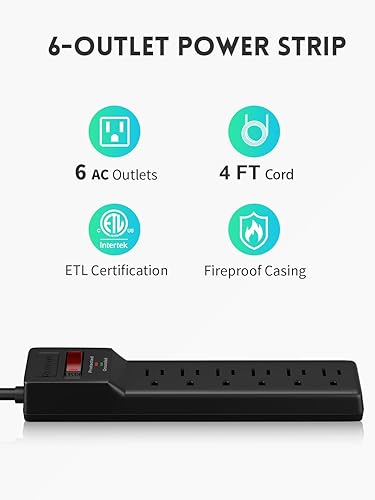 Miniatura 10 de Protector de sobretensiones (980 julios), regleta de alimentación de enchufe plano, cable de extensión de 12 pies con múltiples tomas, 7 tomas,