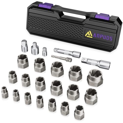 ANPUDS 24 Piece Bolt Extractor Kit, 1/2" and 3/8" Drive Impact Bolt & Nut Remover Set, Stripped Bolt Extractor Set, Lug Nut Removal Tool for Removing Damaged, Frozen, Rusted, Rounded Bolts, Nuts Screw