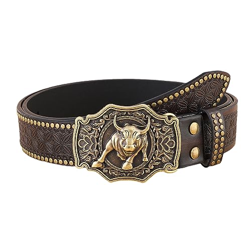 NALANY Embossed Studded Belt with Sculpture Long Horn Bull Rodeo Western Cowboy Buckle Handmade Floral Engraved Waist Strap(110cm/waist:36
