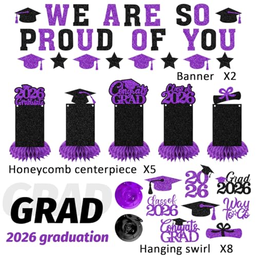 Image of Graduation Decorations 2026 - Purple Congrats Grad Party Supplies Include Glitter We are So Proud of You Banner, Hanging Swirls and Honeycomb Centerpieces for Photo Toppers
