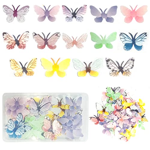 VEGCOO 72 adornos comestibles de mariposa para cupcakes, decoraciones coloridas para tartas de mariposas con caja de almacenamiento para cupcakes familiares, tartas de boda, fiesta de cumpleaños