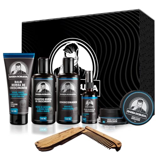Barba Robusta Kit Para Barba Shampoo Condicionador Balm Oleo Cera Pente Produtos para Cuidados da Barba com Ativos que Aceleram o Crescimento da Barba