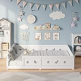 KOOPMAD Bodenbett 120x200cm, Montessori Bett mit Rausfallschutz & Lattenrost,Sterne und Mond Muster Design Kinderbett,Einzelbett aus Kiefer Massivholz,Modernes Bettgestell,Weiß