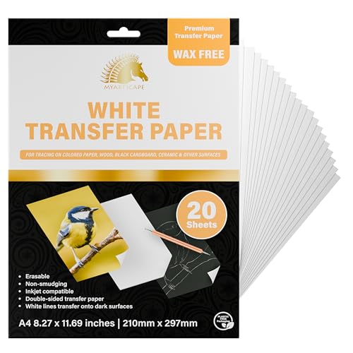MyArtscape Graphite Transfer Paper 20 White Sheets - Wax Free - Erasable - Smudge-Free - Ideal for Drawing and Tracing - Premium Arts and Crafts Supplies