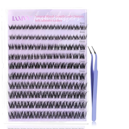 Lash Clusters, Cluster Eyelash Extensions - Self Adhesive Eyelashes, C Curl 8-14mm, Wispy & Natural Look Eyelash Clusters, Includes Lash Tweezers for Glue-Free DIY at Home