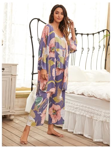 WDIRARA Women's 3 pcs Sleepwear Leaf Print Cami and Pants Pajama Set with Robe4