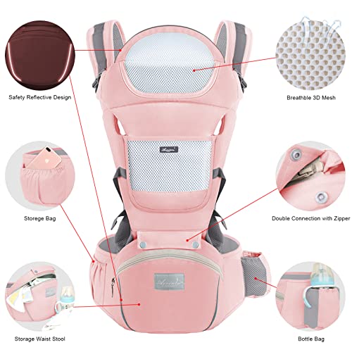 Ocanoiy Baby Carrier Newborn to Toddler Baby Wrap Carrier with Hip Seat Kangaroo Carrier Toddler Infant Baby Holder for Men/Women Dad Mom (Pink) - Thumbnail 2