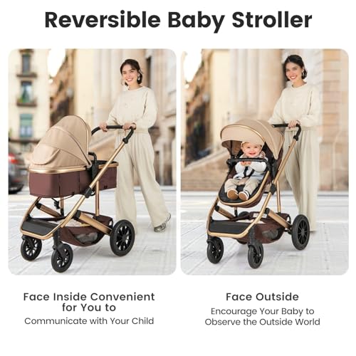 Image of INFANS 2 in 1 Baby Stroller, Folding Newborn Pram Convertible Stroller Bassinet for Infant Foldable High Landscape Shock Absorption with Reversible Seat Aluminum Structure for Pushchair