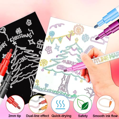JZILU Double Line Outline Markers, 12 Colors Glitter Metallic Gel Pens Set, Easter Basket Stuffers For Teen Girls Kids, Art Supplies For Kids 9-12, 4-12 Year Old Girl Birthday Gifts — view 6
