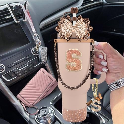Hpebl 9PCS Brown for Stanley Cup Accessories Set Bling Initials Bow Charms for Stanley Decorations 30/40 Oz Tumbler Accessories Including Bow Straw Topper, Handle Strap, Spill Stopper（Letter S） - image 6