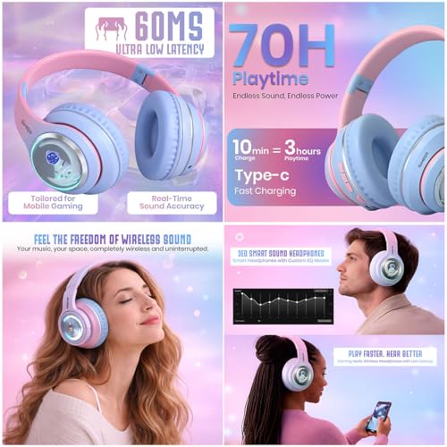 Image of GameSir Astro Junior Wireless Headphones with 40mm Drivers, Deep Bass Stereo Sound, Bluetooth 5.3, Over-Ear Noise Isolation Headset with LED Light, Built-in Mic for PC, Mobile & Laptop (Blue)