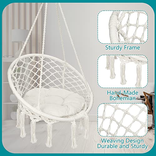 Meelotop Hammock Chair Macrame Swing Chair, Max 330 Lbs, Handwoven Cotton Rope Hanging Hammock Swing Chair With Large Fluffy Cushion And Hardware Kits, For Indoor, Outdoor, Patio And Garden, Beige #TOP2