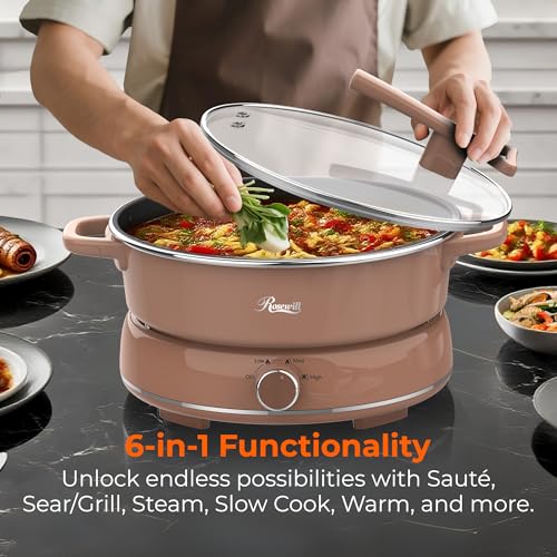 Image of Rosewill 12.7 QT Electric Hot Pot Slow Cooker with Multiple Functions, Split Design with 11.8 inch Wider Cooking Pot and SUS Steam Basket, 1600W High Power, Includes Utensils - Mocha