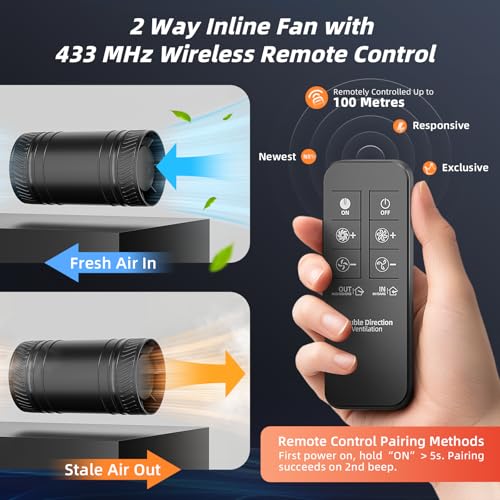 Image of 4 Inch Inline Fan with Remote,2Way 6 Speed Inline Duct Fans High-Efficiency Exhaust Duct Fan DC Motor, Low Noise HVAC Ventilation in Basement Bathroom Workshop Attic P126