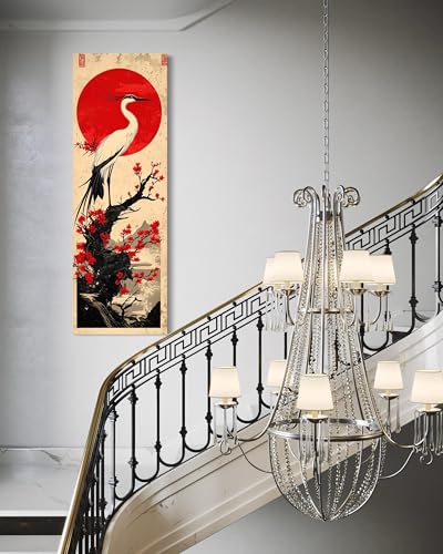 Grue japonaise tableau vertical affiche sakura soleil rouge déco murale zen - 2