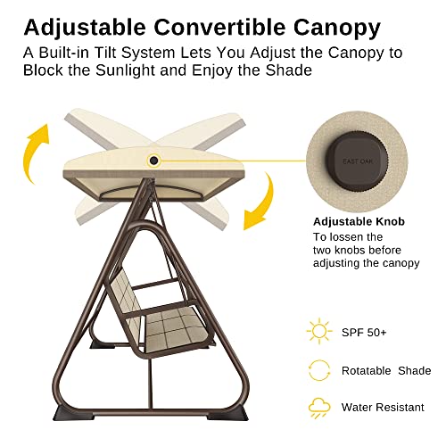 image for EAST OAK 3-Person Outdoor Patio Swing Chair with Adjustable Canopy, Po