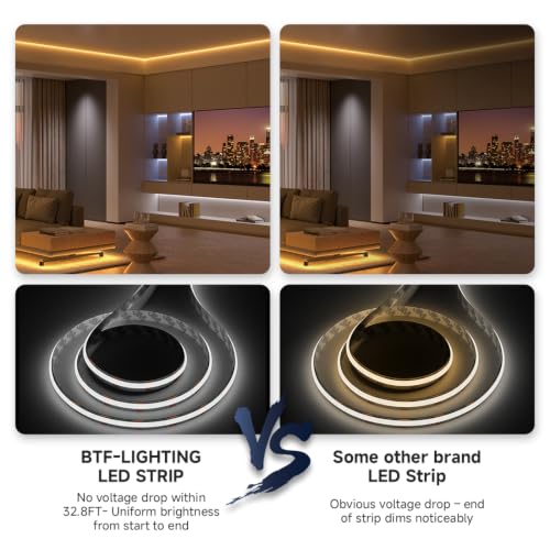 Image of BTF-LIGHTING COB FCOB Dimmable CCT LED Strip Kit DC24V,UL Listed,24.6FT | 8mm wide,No Voltage Drop,Tunable 2700K-6500K with RF Remote,CRI 90+ High Density COB Tape for Bedroom Kitchen Under Cabinet