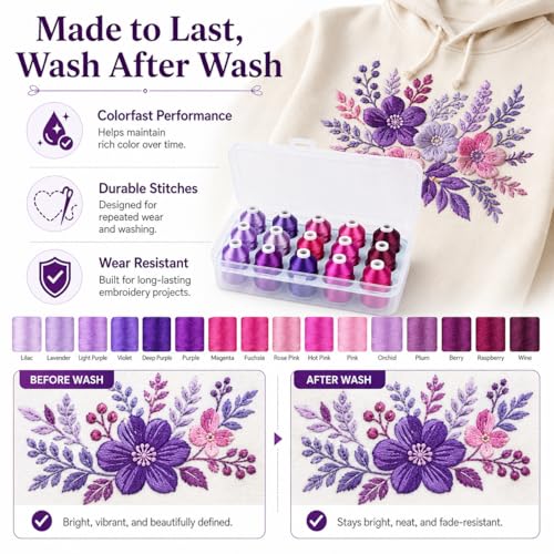 Image of Simthread 15-Color Polyester Machine Embroidery Thread Set, Purple Series | 15 coordinated 1000M polyester spools for machine embroidery, quilting, patches, monograms and everyday sewing.