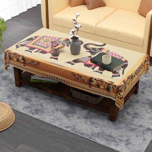 Kuber Industries 40x60 Inches Jute Table Cover | 4 Seater Washable & Dustproof Table Protector/Sheet Cloth for Home & Restaurant | Hathi Print - Golden