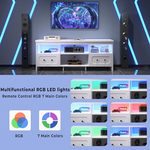IRONCK TV Stand for 65 Inch TV, 63" LED Entertainment Center with Storage Cabinets, Power Outlets and Open Shelf, Media Console TV Cabinet with Drawers for Living Room, White