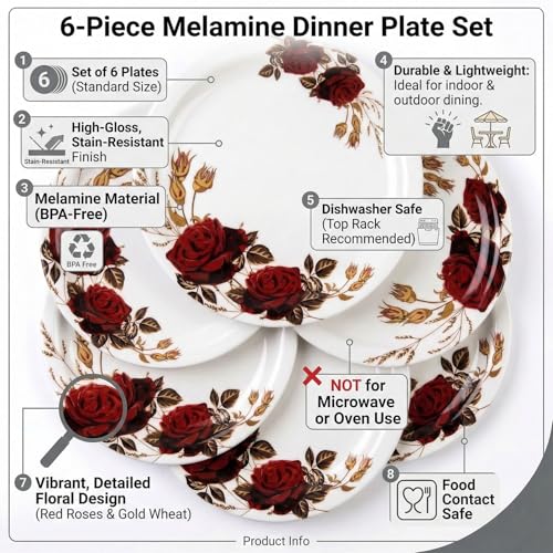 Image of Melamine Quarter Plates | Round Half Plate | Microwave Safe | Break Resistant | Plates for Snacks, Lunch, Dinner | Plates for Home, Office, Restaurant | Set of 6 | 7 Inch's (Red Rose)
