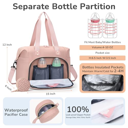 Image of Tenot Diaper Bag Tote with Pacifier Case, Baby Bag for Women with Shoulder Straps, Travel Diaper Tote for for Mom and Dad Medium Size, Pink