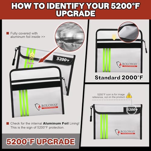 Image of ROLOWAY Fireproof Bag (9.6 x 6.6 inches) 5200℉ Heat Insulated with Reflective Strip, Fireproof Money Bag with Zipper for Cash (2-Pack)