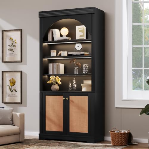 Image of Tall Bookshelf with Rattan Doors&4-layer LED Lightings (Black Rattan) | Modern Bookcase with Rattan Doors and Open Adjustable Shelves,Storage Bookshelf for Living Room,Home Office