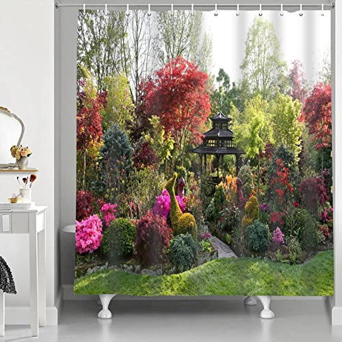 Abaysto Shower Curtain 3D Garden View Flowers Trees Outdoor Nature Scenery Waterproof Cloth Fabric Bathroom Decor Set including Hooks 72x72 Inch