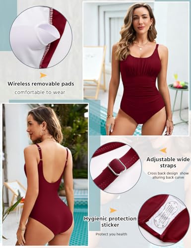 RITOSTA Badeanzug Damen Bauchweg Push Up Bademode Shape Badeanzüge Einteilige Tankini Sexy Schwimmanzug Strandkleid Elegant Swimsuits Badekleid(Rot,L)-5