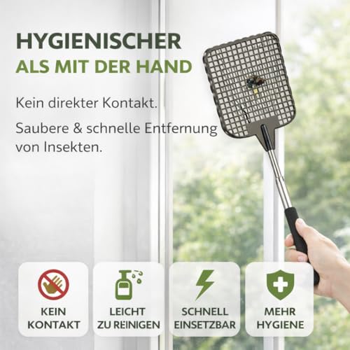 2X Fliegenklatsche XXL 75 cm ausziehbar - Insektenklatsche mit Teleskop für Fliegen & Insekten - Fliegenfänger & Insektenfänger als Fliegenschutz