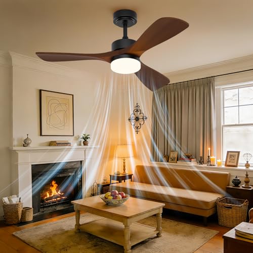 Image of 42 Inch Ceiling Fans with Lights and Remote Control, Walnut Ceiling Fan with Light for Bedroom, Living Room, Covered Outdoor, 6 Speeds Reversible Noiseless DC Motor, 3CCT, Dimmable LED Light