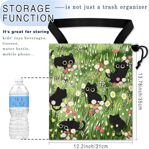 Image of Car Trash Bag Hanging Back of Seat Waterproof Small Cute Printed One-Handed Strap Drawstring Garbage Bags for Car-Black Cat Floral