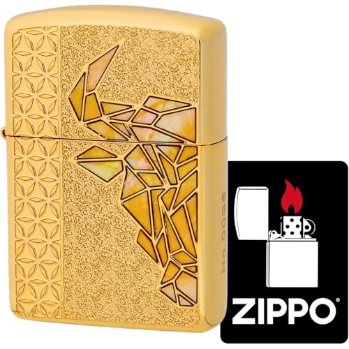 ジッポー(Zippo) ライター 特製ステッカー付き 防風 真鍮製 アーマーzippo シェル 貝貼り メッキコーティング エッチング 両面加工 シリアル番号 ゴールド ギフト プレゼント Bull GP/YL