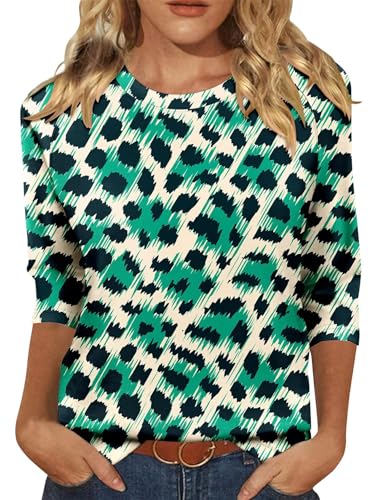 KISSMODA Tunic Tops for Women Loose Fit Dressy Round Neck Pleated 3/4 Length Sleeve Spring Tops