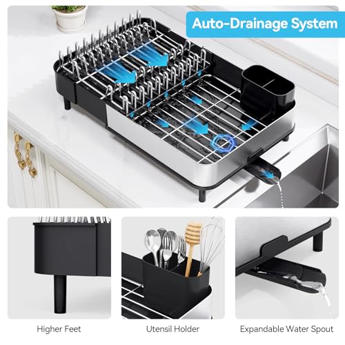 Image of Urackify Dish Drying Rack - Dish Drainer for Kitchen Counter, Stainless Steel Dish Rack with Swivel Draining Spout & Drain Board, Expandable Space-Saving Kitchen Dish Organizer for 3-4 People, Black
