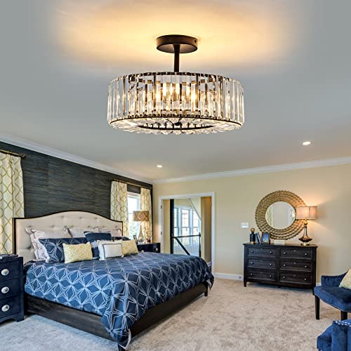 Dafkos 4 Lights Modern Crystal Chandelier Black Round Semi Flush Mount Ceiling Light Fixture Farmhouse Chandelier For Dinning Room Living Room Bedroom Hallway Entryway Kitchen #TOP3