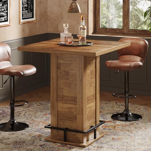 Tribesigns 39.4 H Square Bar Table Industrial High Top Bistro Pub Cocktail Table with Metal Footrest for Kitchen Nook Home Bar Small Bars Rustic Brown (Table Only)