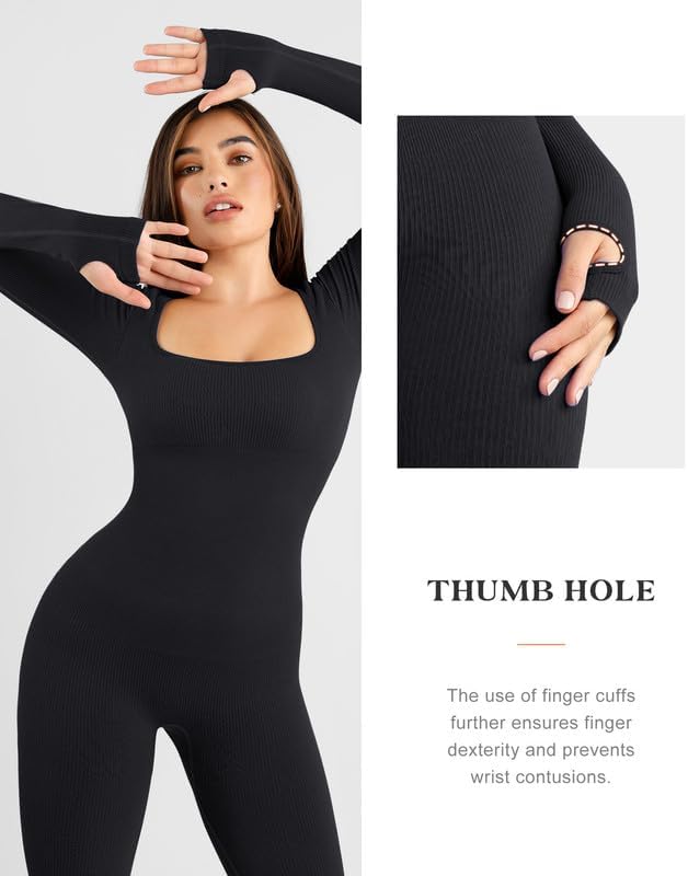 Miniatura 2 de Popilush Overol para mujer con brasier integrado, con agujero para el pulgar, sin costuras, cuello cuadrado, manga larga, acanalado, sin mangas,