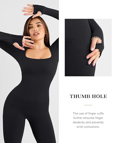Popilush Jumpsuits For Women Long Sleeve Built-In Bra Square Neck Full Length Leggings Bodycon Stretch Workout Outfits thumb #1