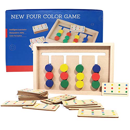 Wooden Sliding Four-Color & Shape Puzzle,Fun Montessori Toy & Color Sorting Early Education STEM Toys for Toddlers,Slide Matching Brain Teasers Logic Game,Gift for Kids Child Boys Girls Family Game