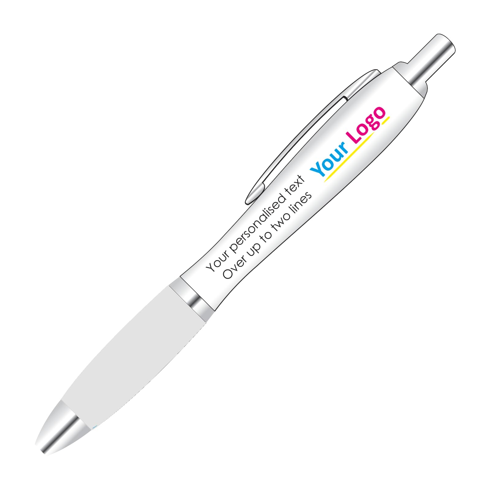 Full Colour Printed Logo Pens x 20 With Personalised Text Options for Custom Promotion With Clear Colour Grip.