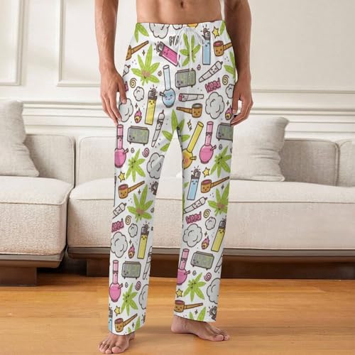 Bagea-Ka Green Weed Marijuana Kawaii Cartoon Pattern Mens Pajama Pants Lounge Sleep Long Pants with Pocket Loungewear2