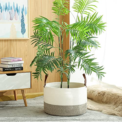 KAKAMAY Large Blanket Basket (20"x13"),Woven Baskets for storage Baby Laundry Hamper,Cotton Rope Blanket Basket for Living Room, Laundry, Nursery, Pillows, Baby Toy chest (White/Beige)