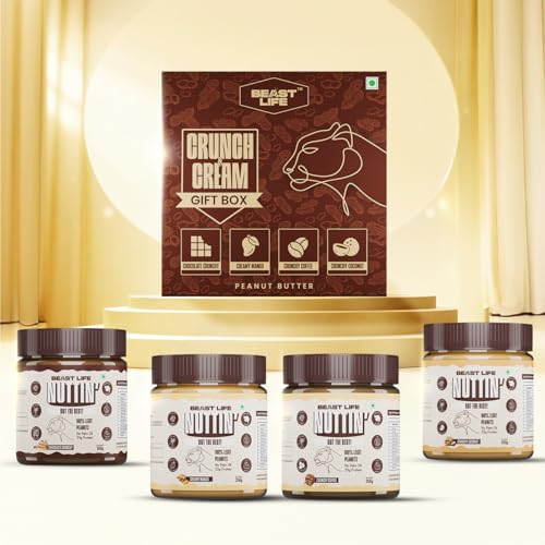 Image of BeastLife Crunch & Cream Peanut Butter Combo Box - 4 Flavors (Mango, Coconut, Coffee, Chocolate) | 24.5 G Protein | 350 gm Each | 100% Peanuts, High Protein | Zero Palm Oil | Non‑GMO Nut Butter | Fitness-Friendly Spread | Zero Cholesterol
